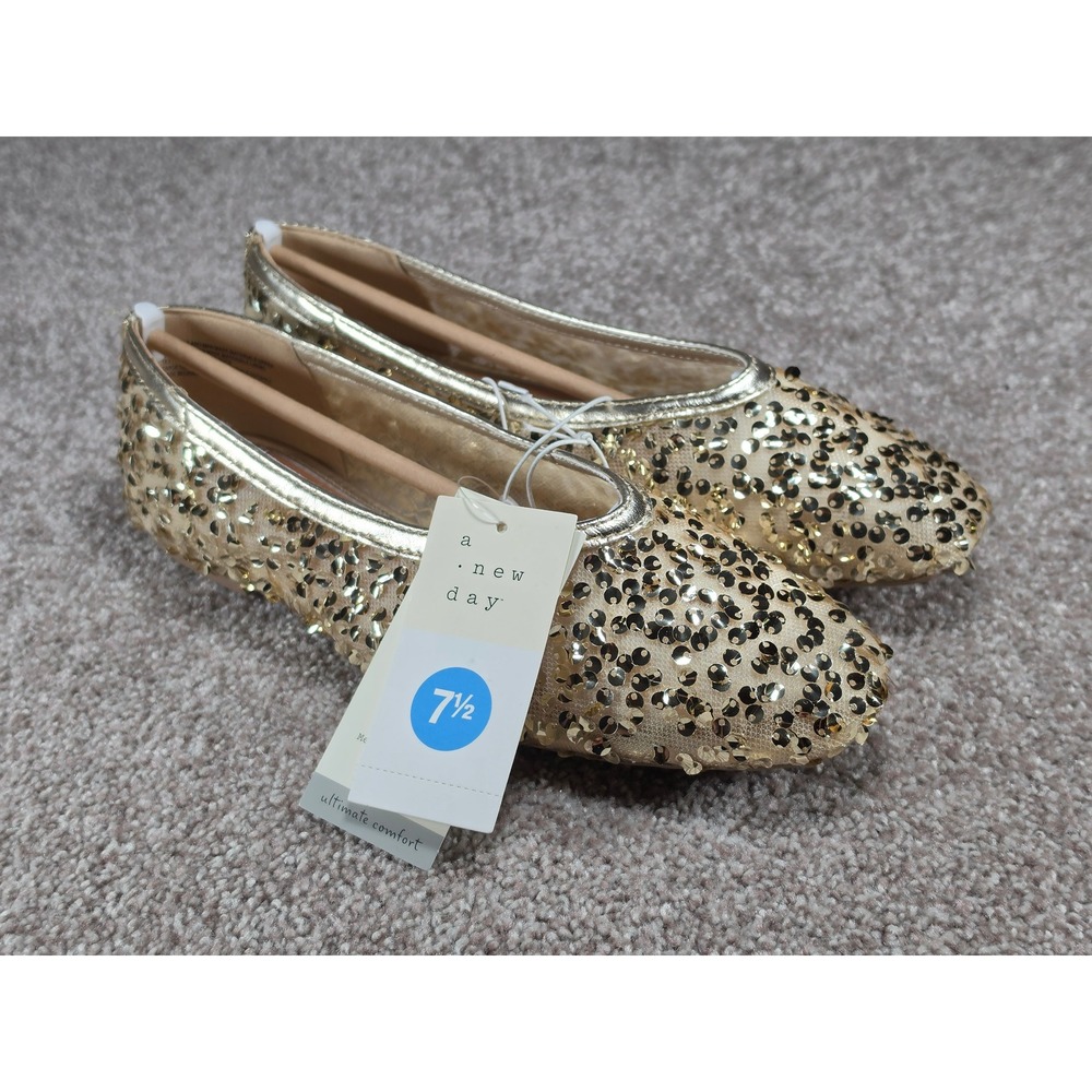 A New Day Sammie Sequin Ballet Flats‎ Champagne Gold Sparkle Shoes 7.5 NEW